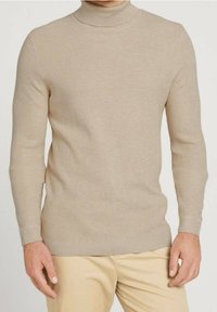 Maglione beige a collo alto in tessuto a maglia costina, con maniche lunghe e design aderente, dalla trama liscia e uniforme.