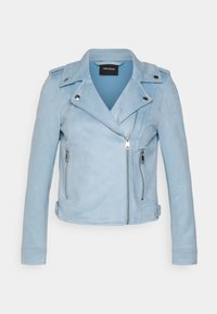 Světle modrá motocyklová bunda z umělé semiše se zapínáním na zip, bočními kapsami a epolety. Disponuje klopovým límcem a úzkým střihem.