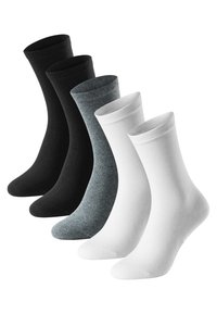 Four pairs of cotton socks in black, dark gray, and white. Each pair features a ribbed cuff and a smooth texture.