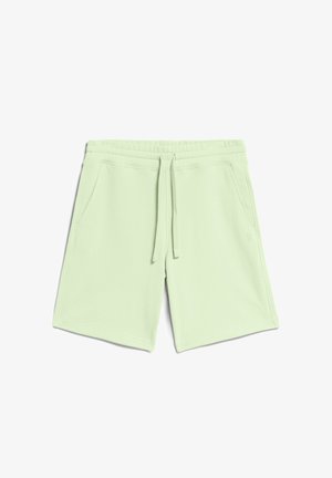 Helle grüne sportliche Shorts aus weichem Material, mit einem elastischen Bund und Kordelzug sowie zwei Seitentaschen. Einfaches Design ohne Muster.