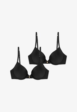 To sorte bh'er med glatte skåle, justerbare stropper og en lille gylden detalje i midten. Har et klassisk design og en glat tekstur.