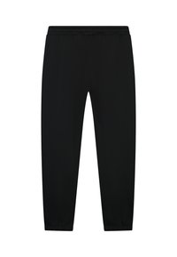 Zwarte sportbroek met een elastische tailleband en taps toelopende boorden. Gladde textuur, geen zichtbare patronen of bevestigingsmiddelen. Eenvoudig en functioneel ontwerp.