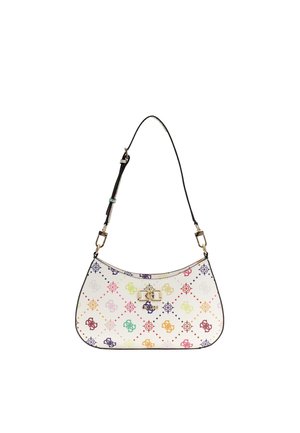 Sac à main blanc en forme de croissant avec motif monogramme multicolore, fermoir doré et bandoulière noire réglable.