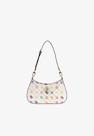 Sac à main blanc en forme de croissant avec motif monogramme multicolore, fermoir doré et bandoulière noire réglable.