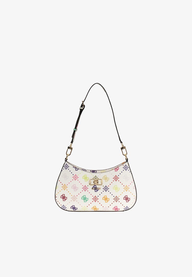 Sac à main blanc en forme de croissant avec motif monogramme multicolore, fermoir doré et bandoulière noire réglable.