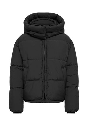 Schwarze Steppjacke mit hohem Kragen, gepolstertem Material, durchgehendem Reißverschluss vorne und seitlichen Taschen. Verfügt über eine kastige Silhouette und elastische Bündchen.