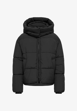 Schwarze Steppjacke mit hohem Kragen, gepolstertem Material, durchgehendem Reißverschluss vorne und seitlichen Taschen. Verfügt über eine kastige Silhouette und elastische Bündchen.