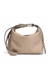 Sac à main en cuir beige au design souple, doté d'une anse chaîne en or et d'une sangle marron contrastante ; logo doré sur le devant.