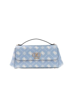 Sac à main Guess bleu clair avec motif logo blanc, fermoir doré et une seule anse supérieure noire sur fond blanc.