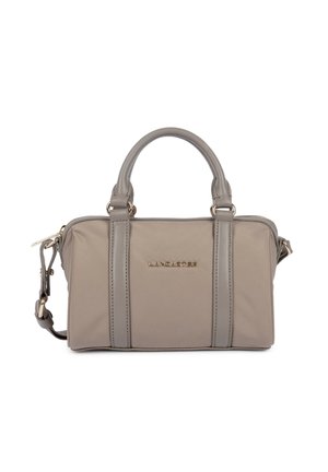 Sac à main rectangulaire taupe avec double poignée supérieure, bandoulière amovible et logo Lancaster doré à l'avant.