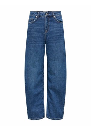 Tumesinised laiasõlgsete lõikega teksapüksid, esitaskutega, nööpidega kinnitatavad ja kanga peene pleekimisega.