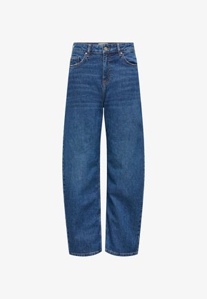 Tumesinised laiasõlgsete lõikega teksapüksid, esitaskutega, nööpidega kinnitatavad ja kanga peene pleekimisega.