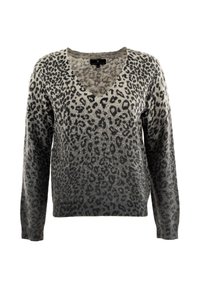 Pullover a V con stampa leopardata in sfumature di grigio, caratterizzato da maniche lunghe e una texture morbida. Dettagli del motivo ben visibili in tutto il capo.