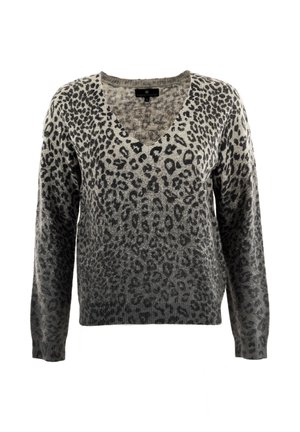 Pull en V imprimé léopard dans des dégradés de gris, avec des manches longues et une texture douce. Détails de motif remarquables tout au long.