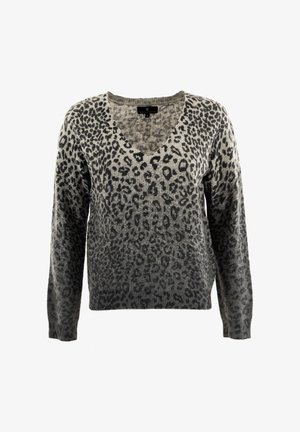 Pullover a V con stampa leopardata in sfumature di grigio, caratterizzato da maniche lunghe e una texture morbida. Dettagli del motivo ben visibili in tutto il capo.