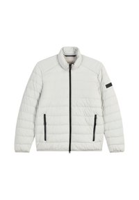 Jasnoszara pikowana kurtka z wysokim kołnierzem, przednim zamkiem błyskawicznym i dwiema czarnymi kieszeniami na zamek. Charakteryzuje się minimalistycznym wzornictwem i pikowaną teksturą.