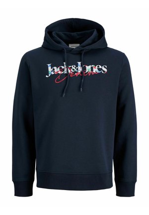 Sweat à capuche bleu marine avec cordons à l'avant et logo "Jack & Jones Denim" en écriture blanche, florale et rouge sur la poitrine.