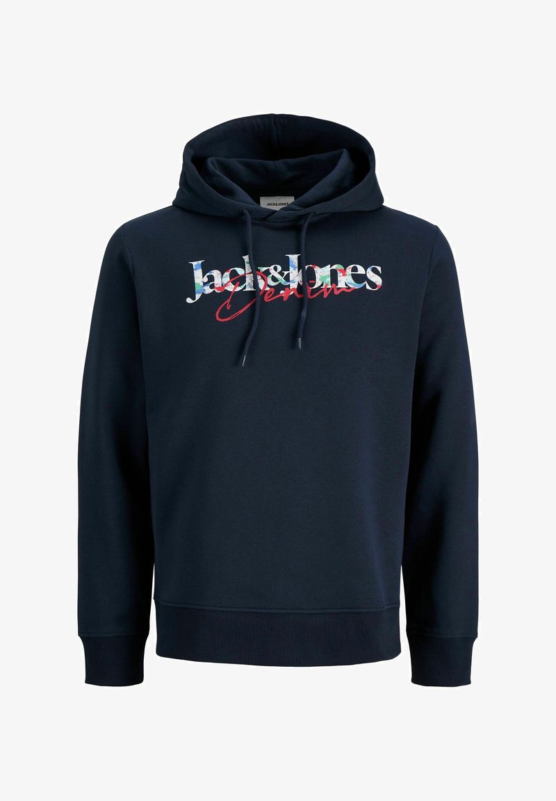 Sweat à capuche bleu marine avec cordons à l'avant et logo "Jack & Jones Denim" en écriture blanche, florale et rouge sur la poitrine.