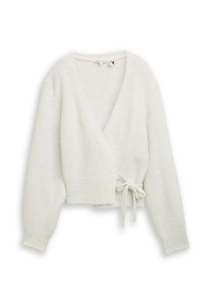 Gilet en tricot blanc avec des manches longues, un col en V et une fermeture à nouer à la taille. Texture douce avec des poignets et un ourlet côtelés.