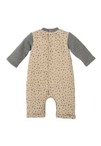 Mono beige con un cuerpo estampado y mangas grises; cuenta con cierre de botones en la parte posterior y puños enrollados en las piernas.