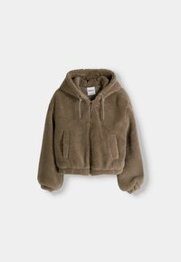 Kort jack met capuchon van zachte, bruine fleece. Heeft een ritssluiting, twee steekzakken aan de voorkant en trekkoorden bij de capuchon met elastische manchetten.