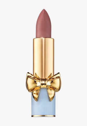 Lipstick with a pointed nude pink bullet in a gold and light blue case, featuring a gold bow accent at the base.