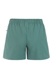 Türkisfarbene Herren-Badeshorts mit elastischem Bund und seitlicher Reißverschlusstasche, Rückansicht vor weißem Hintergrund.