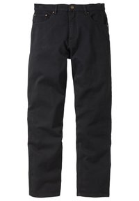 Pantaloni in twill di cotone nero con design a gamba dritta, dotati di cinque tasche, cuciture sottili e un bottone in ottone in vita.