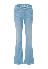 Jeans acampanados de color azul claro con cintura alta, que presentan un cierre de cinco botones, bolsillos frontales y una textura de denim suave.