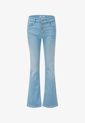 Svijetloplave trapezice visokog struka, s pet dugmadi, prednjim džepovima i glatkom denim teksturom.