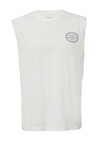 T-shirt sans manches blanc en coton avec un col rond, présentant un patch graphique noir en ronde avec les inscriptions "PACIFIC CUSTOMS BEACH L.A. VENICE CA."