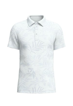 Biała koszulka polo z delikatnym wzorem liści, z trzema guzikami oraz teksturowanym materiałem i krótkimi rękawami.