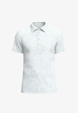 Tricou polo alb cu un model subtil de frunze, cu guler cu trei nasturi și un material texturat, cu mâneci scurte.