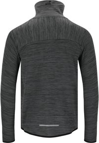 Langærmet pullover i mørkegrå med et tekstureret, meleret mønster. Har en høj krave og et reflekterende akcent ved kanten.