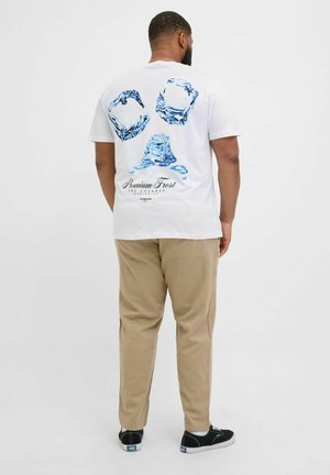 White cotton t-shirt featuring blue ice cube graphics and "Premium Frost" text on the back. Paired with beige pants and black shoes.