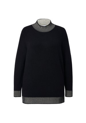 Suéter negro de manga larga con cuello alto, puños y dobladillo que presentan patrones de rayas verticales en blanco.