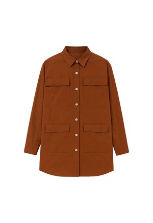 Rust brown long-sleeve shirt with pointed collar, button front, and four large rectangular flap pockets on the chest and waist.