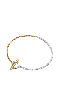 Arany és ezüst toggles karkötő, mely csavart arany és sima ezüst láncokból áll, egy kör alakú zárszerkezettel és rudazatos záródással.