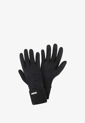 Zwarte gebreide handschoenen met geribbelde manchetten, versierd met kleine, glanzende accenten verspreid over de achterkant. Zachte textuur en aansluitend ontwerp.