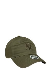 Olive green baseball cap with a curved brim and embroidered dark brown "NY" logo. Features ventilation holes and a sticker on the brim.
