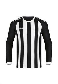 Zwart-witte, langemouwen shirt met verticale strepen. Gemaakt van een gladde stof, met een ronde kraag en schouderaccenten.