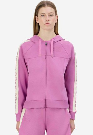 Felpa con zip rosa dotata di cappuccio e strisce bianche laterali con accenti del logo. Presenta una texture morbida e polsini e orlo a coste.