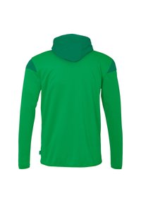 Grüne Langarm-Hoodie mit glatter Textur, ausgestattet mit einem kontrastierenden dunkelgrünen Einsatz auf den Schultern und einer Kordelzugkapuze.