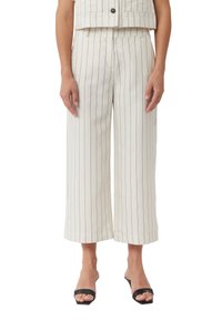 Wide-leg trousers in cream fabric with narrow vertical navy stripes. Features a high waist, front pockets, and a relaxed fit.