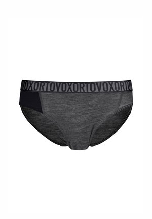 Dark gray men's briefs with black side panels and a black elastic waistband featuring repeated "ORTOVOX" text in dark letters.