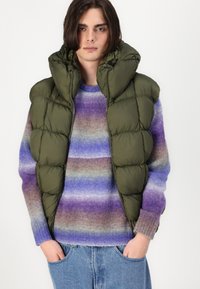 Vesta verde căptușită cu guler înalt, asociată cu un pulover tricotat cu dungi multicolore în nuanțe de mov și albastru. Jeanși casual vizibili în partea de jos.