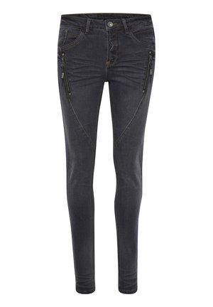 Tight jeans i mørkegrå denim med kontrastfarvet gul syning. Har lynlåslommer på begge sider. Glat tekstur, tætsiddende silhuet.