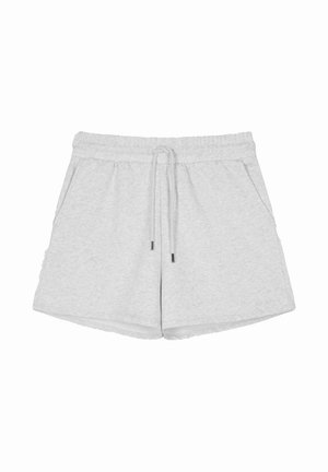Shorts in cotone grigio chiaro con vita elastica, chiusura con coulisse, due tasche laterali e una texture morbida e liscia.