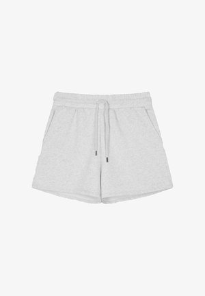 Lys grå bomullsshorts med elastisk midje, snorstenging, to sidelommer og en myk, glatt tekstur.