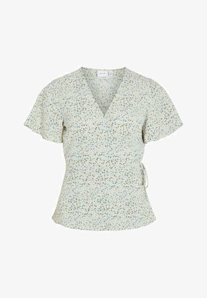 Jasnobeżowa bluzka kopertowa z drobnym niebiesko-brązowym kwiatowym wzorem, krótkimi falbanianymi rękawkami i wiązaniem po bokach w talii.